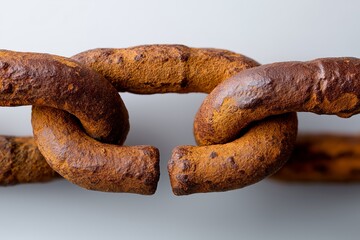 Fototapeta premium Close-up of a rusted chain link. Symbol of weakness, history, or broken connections for cybersecurity, relationship counseling, social impact, industrial history, conceptual branding