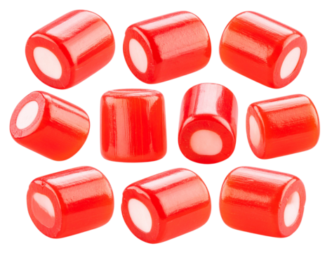  Multiple Red and White Candies in Diagonal Scatter, Different Rotations, Transparent Background