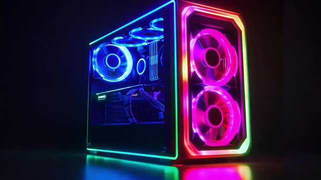 A high performance gaming computer featuring vibrant RGB lighting against black background