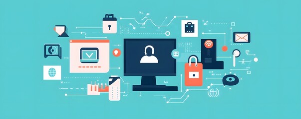 A vibrant illustration representing modern cybersecurity. Features a computer screen, security icons, and digital elements emphasizing online safety and data protection.