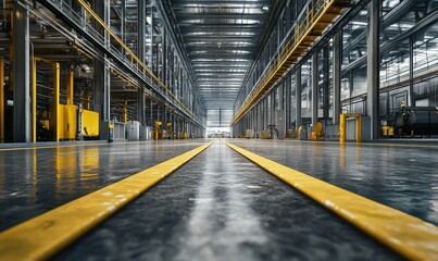 Fototapeta premium Large industrial warehouse featuring spacious aisles and organized storage with machinery setups. Natural light fills the area from large windows, creating an efficient working environment
