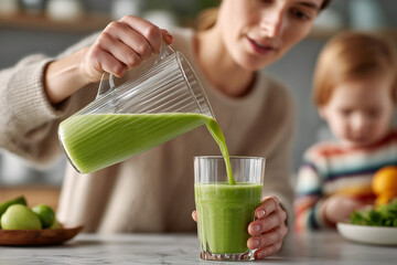 A loving mother pours a vibrant green smoothie from a jug into a tall glass, with her young daughter watching with interest in the kitchen. The scene captures a moment of healthy family life.

