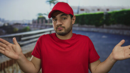Man in red cap and shirt holds palms up shrugging on city street under sunlight; uncertainty...