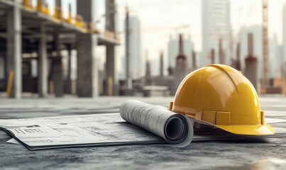 On a bustling construction site, a yellow safety helmet rests beside rolled blueprints on the ground. Skyscrapers and cranes tower in the background, indicating progress and development