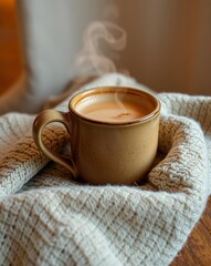 A warm cup of coffee or tea with steam sitting on a cozy knit blanket