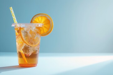 Premium Quality Visual of a Cup of Iced Tea with a Straw and Orange Slice on it