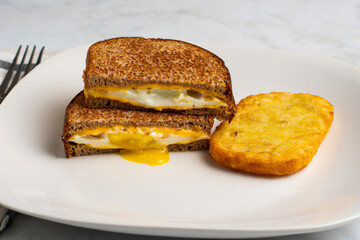fried egg melt sandwich with hash browns