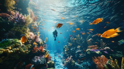 Naklejka premium Vibrant coral reef teeming with colorful fish and a diver.