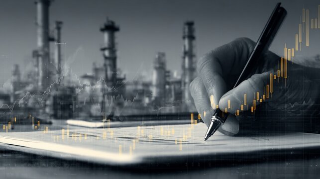 Person signing documents with refinery in background and stock chart overlay