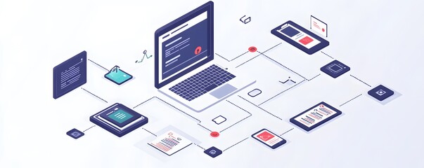 An illustration depicting a digital ecosystem with various connected devices including a laptop, tablet, and smartphone, showcasing the integration of technology.