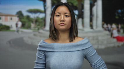 Fototapeta premium Young woman in blue sweater outdoors on a city street with lush trees in the background during a sunny day in an urban area