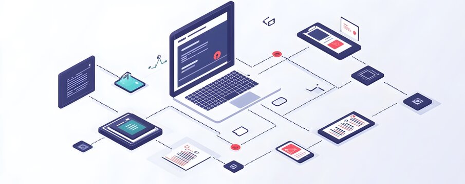 An illustration depicting a digital ecosystem with various connected devices including a laptop, tablet, and smartphone, showcasing the integration of technology.