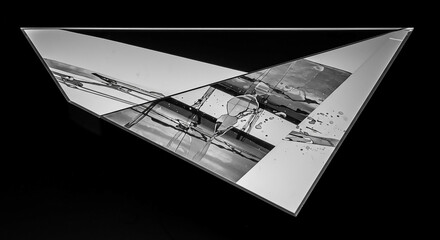 A conceptual black and white photograph of fragmented reality reflected in a triangular mirror. Minimalist abstract geometric art on a dark background.
