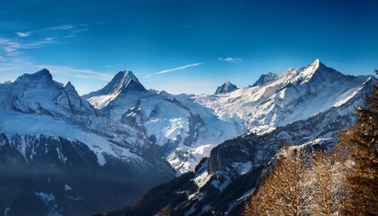 artistic professional photo of swiss alps with snowy peaks and blue sky panoramic view perfect lighting realistic and cinematic style