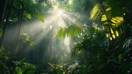 Fototapeta premium Sunlight streams through a lush tropical forest.