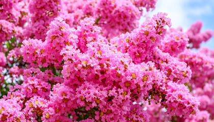 Fototapeta premium Extravagant explosion of vibrant pink crape myrtle blossoms against a blue sky backdrop