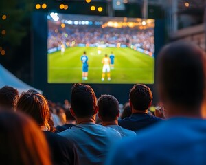 Crowd enjoying a live soccer match displayed on a large screen outdoors.
