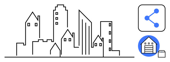 Cityscape with tall modern buildings, warehouse illustration, share icon symbolizing connectivity. Ideal for urban planning, smart cities, real estate, logistics, sharing economy, technology simple