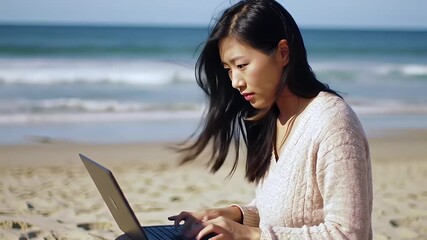 Young woman working on a laptop at the beach - Powered by Adobe