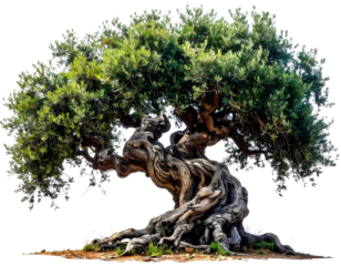 Ancient olive tree with twisted trunk, isolated on transparent background, generative AI