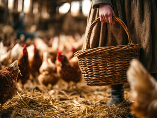 Farmer holding a wicker basket amidst a henhouse with chickens foraging on straw bedding