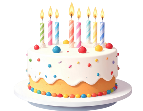 3D cartoon birthday cake with candles, isolated on transparent background, generative AI - Powered by Adobe