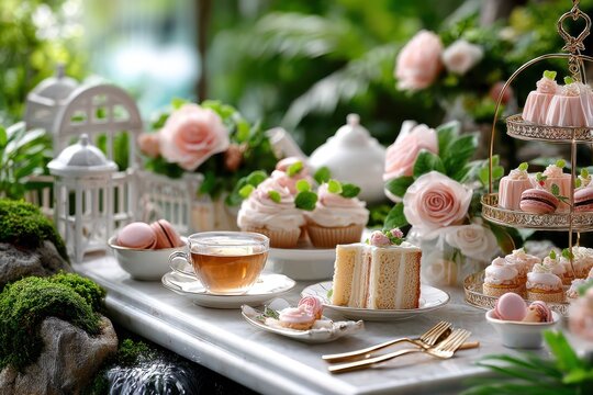 Delicate afternoon tea setup with desserts and flowers in a serene garden setting