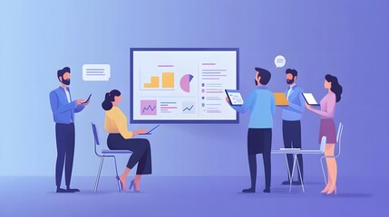 Team members collaborating during a modern business presentation with digital devices.