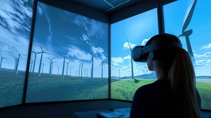Person wearing virtual reality headset views a simulated wind farm.
