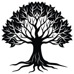 Tree silhouette vector. Tree with roots. Tree logo, icon vector illustration.. black and white tree.