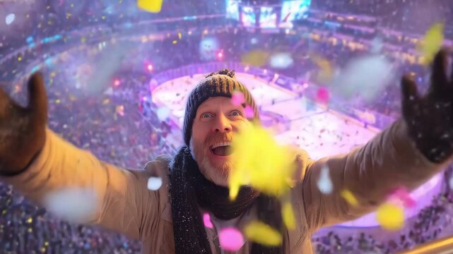 Man cheers joyfully in a winter arena filled with fans and confetti during an ice hockey event
