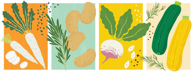 Handmade Vector Food Illustrations &ndash; Daikon, Potatoes, Rosemary, Zucchini, Garlic, Herbs