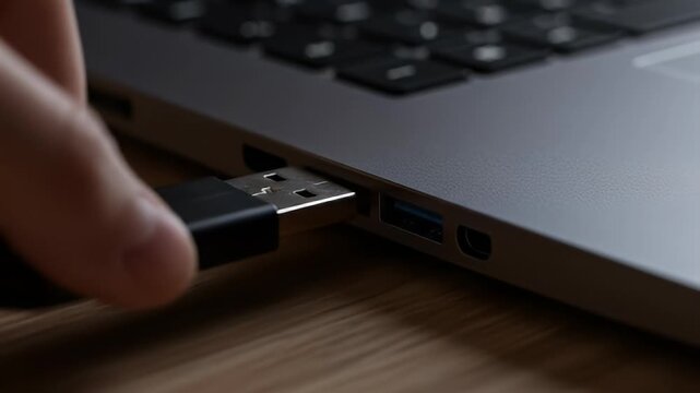 Hand inserting a USB drive into a laptop port, backlit with glowing blue light