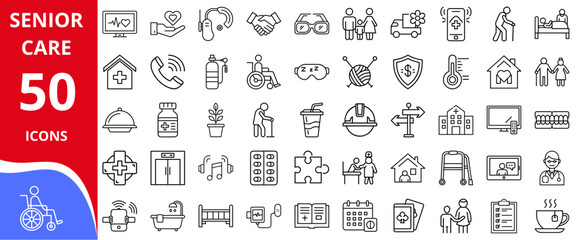 Senior Care Icons Set thin-line vector illustration — elderly care, nursing home, wheelchair, medication, doctor, safety — isolated transparent background