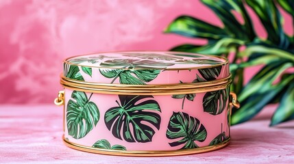 Pink decorative tin box with tropical leaves