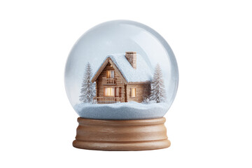 A snow globe with a wooden chalet