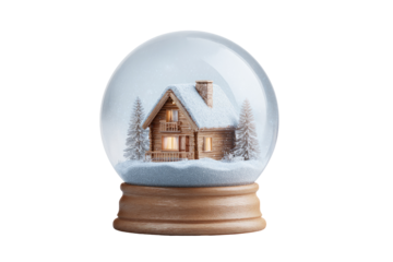 A snow globe with a wooden chalet