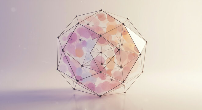 Ethereal geometric wireframe polyhedron filled with soft pastel watercolor orbs on a gentle reflective surface.