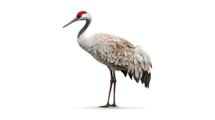 Obraz premium Tall crane bird in calm pose with soft feather details shown clearly on clean white background. Ideal for zen artwork, natural history visuals, and decorative prints. 