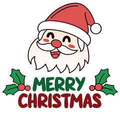 A smiling cartoon Santa head wishes Merry Christmas with holly, isolated on white