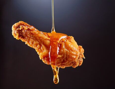 a floating crispy fried chicken wing drenched in a sticky honey glaze mid air