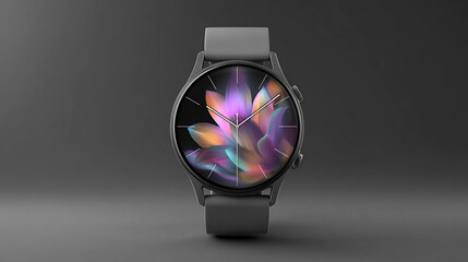 A sleek smartwatch with an AI-Analog display, showcasing a holographic animation of colorful petals in motion on its circular face against a dark gray background.