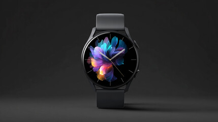 A sleek smartwatch with an AI-Analog display, showcasing a holographic animation of colorful petals in motion on its circular face against a dark gray background.