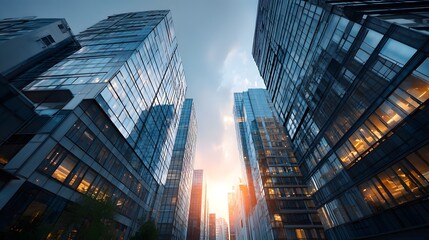 Fototapeta premium Tall office buildings rise against a blue sky with a bright sunburst.