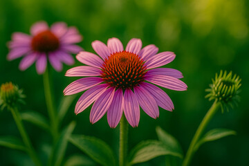 Fototapeta premium Vibrant echinacea flowers display vivid colors against a lush green backdrop in a tranquil garden vibrant with life