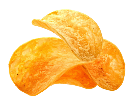 Stack of golden potato chips in neat pile, isolated on transparent background, generative AI