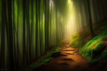 Mystical bamboo forest path bathed in golden light