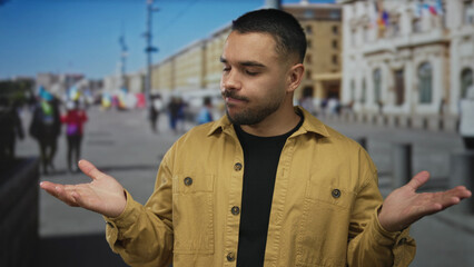 Young hispanic man shrugs with open palms on busy city street in broad daylight at midday;...