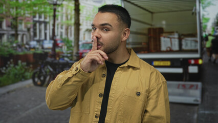 Man in brown jacket finger to lips for silence on street with parked bicycles and delivery van...