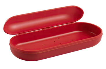 Open red plastic case.  Oval, oblong shape.  Lid separates.  Small holes on inside